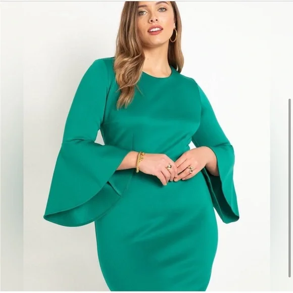 Eloquii Ultramarine Green Flare Sleeve Scuba Dress size 18 Plus Size Knee Length - Picture 2 of 12